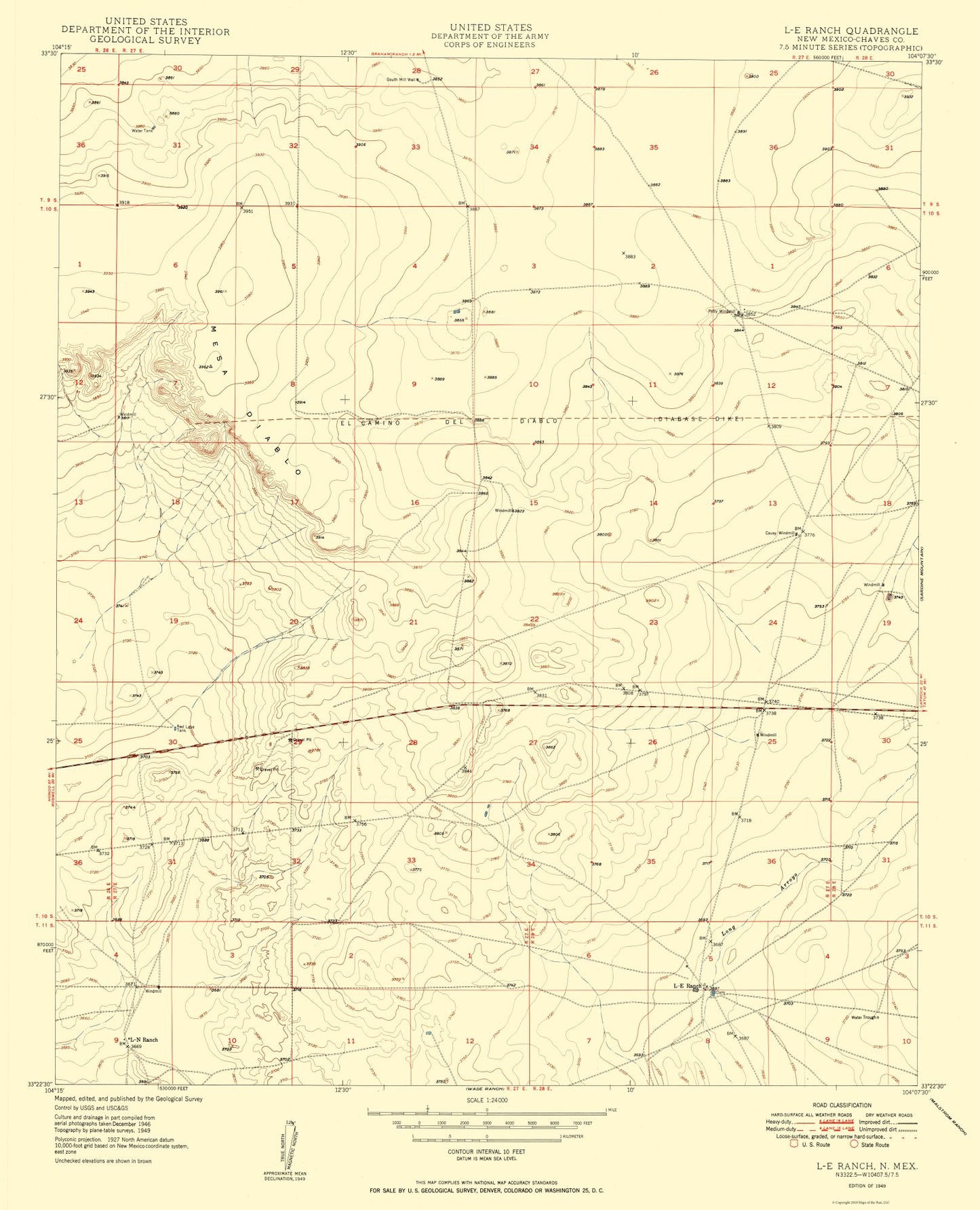 Topographical Map - LE Ranch Chaves County New Mexico Quad - USGS 1949 - 23 x 28.39 - Vintage Wall Art