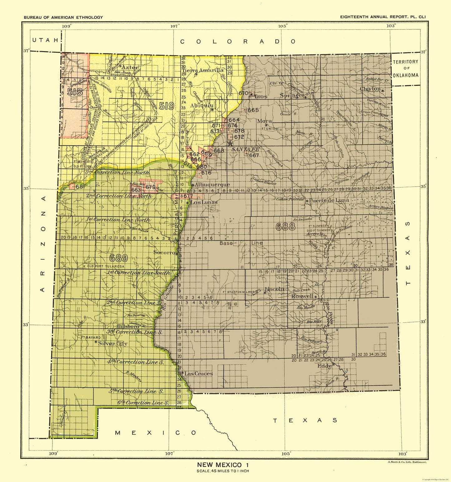 Historic State Map - New Mexico - Hoen 1896 - 23 x 24.57 - Vintage Wall Art