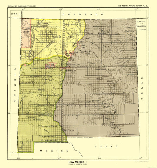 Historic State Map - New Mexico - Hoen 1896 - 23 x 24.57 - Vintage Wall Art