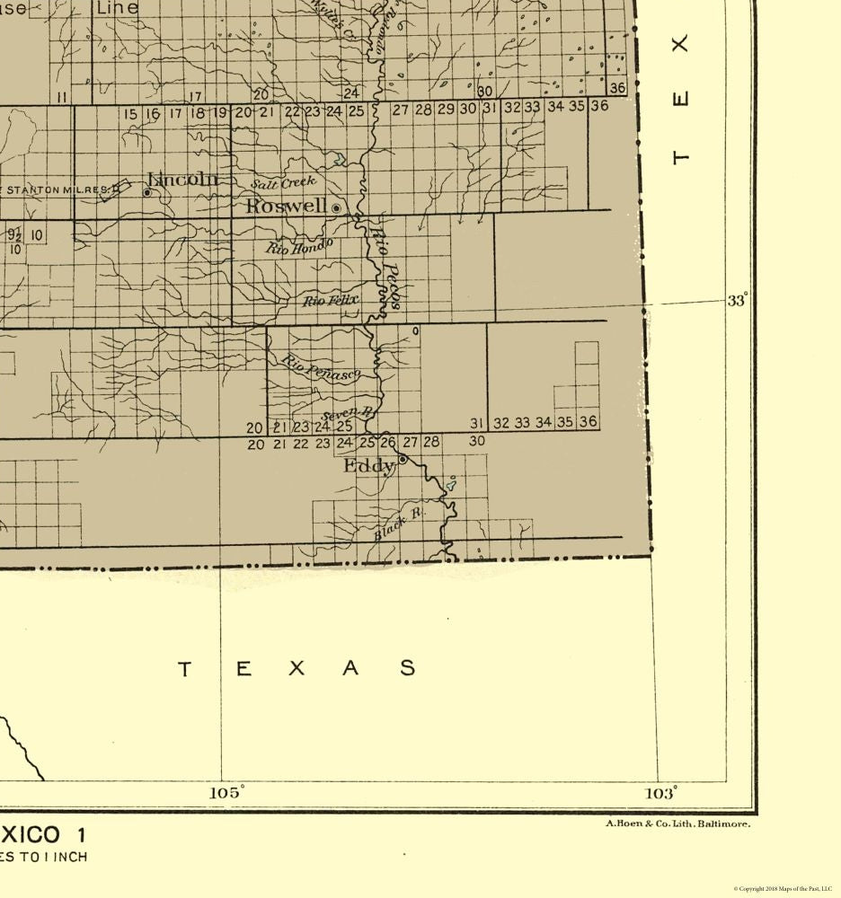 Historic State Map - New Mexico - Hoen 1896 - 23 x 24.57 - Vintage Wall Art