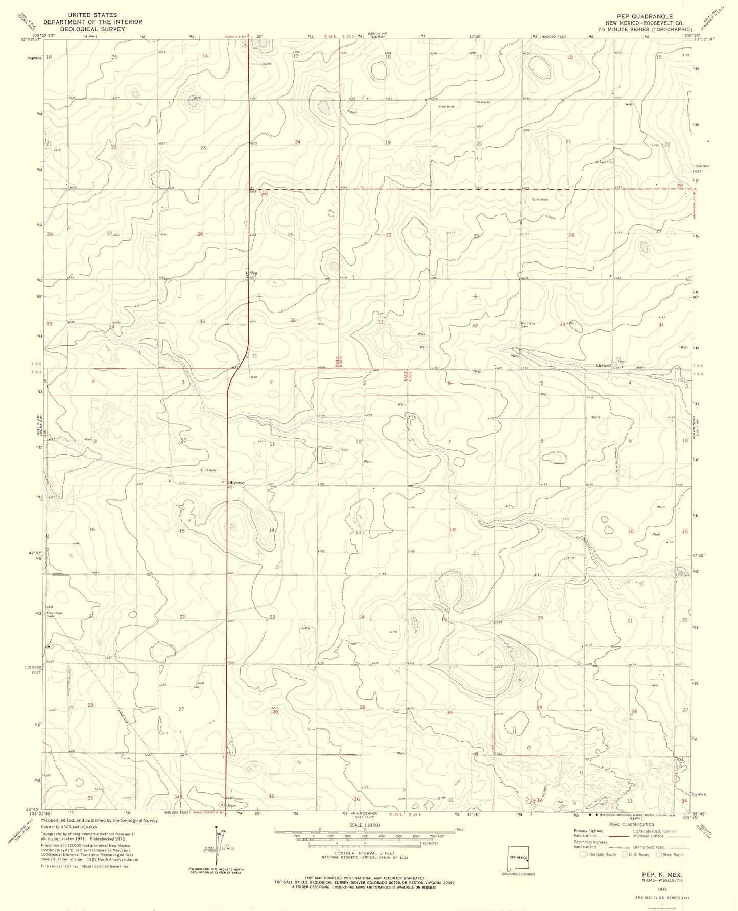 Topographical Map - Pep New Mexico Quad - USGS 1972 - 23 x 28.39 - Vintage Wall Art