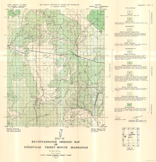 Historic Mine Map - Pinonville Quad New Mexico Mines - Willard 1957 - 23 x 23.93 - Vintage Wall Art