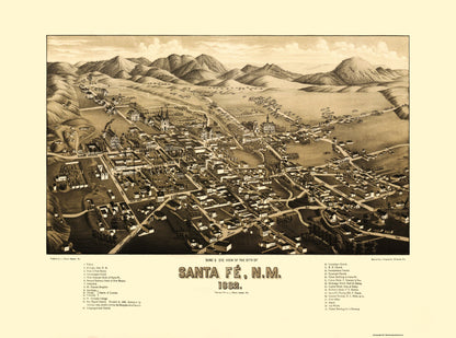 Historic Panoramic View - Santa Fe New Mexico - Stoner 1892 - 31 x 23 - Vintage Wall Art