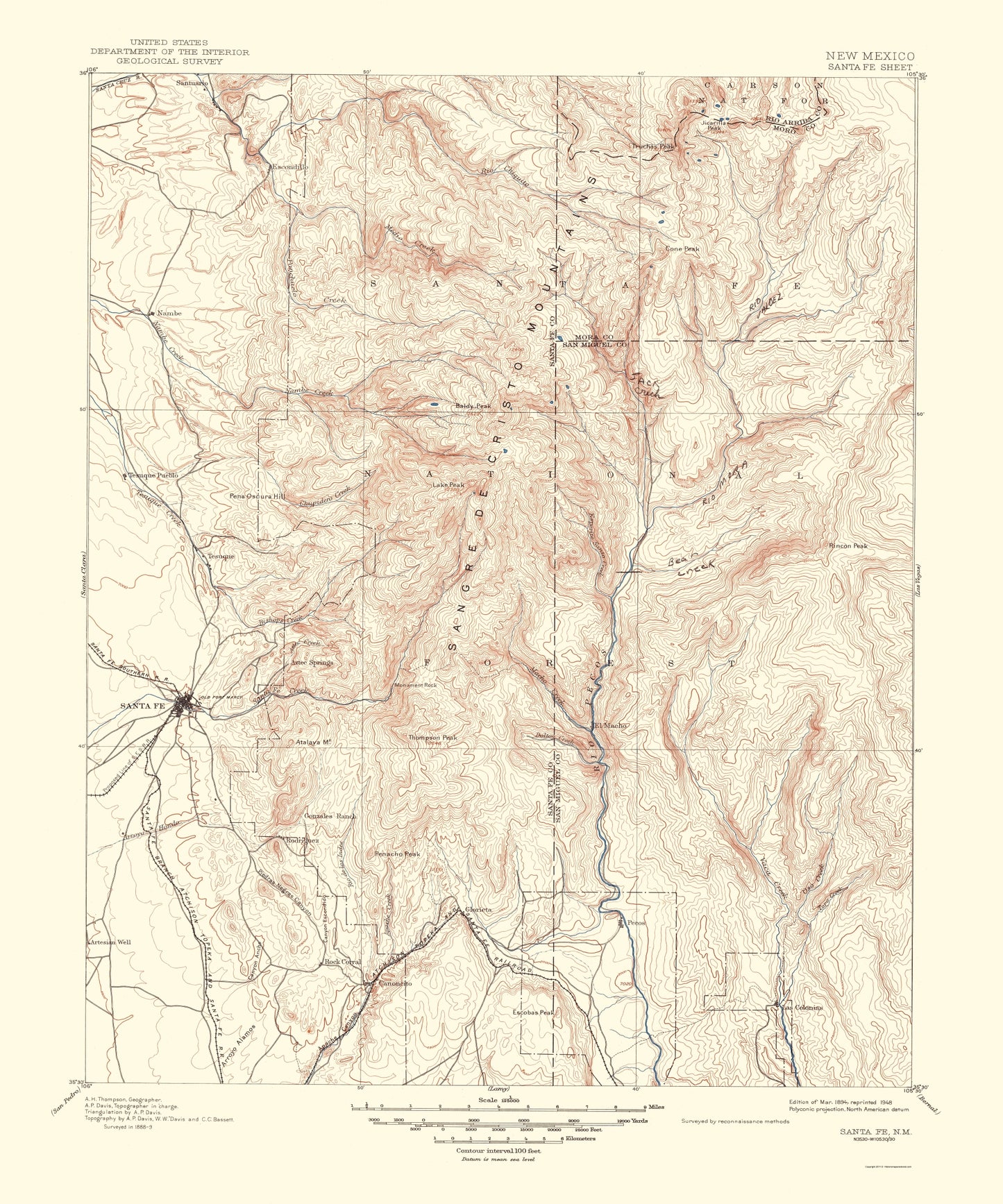 Topographical Map - Santa Fe New Mexico Sheet - USGS 1948 - 23 x 27.61 - Vintage Wall Art