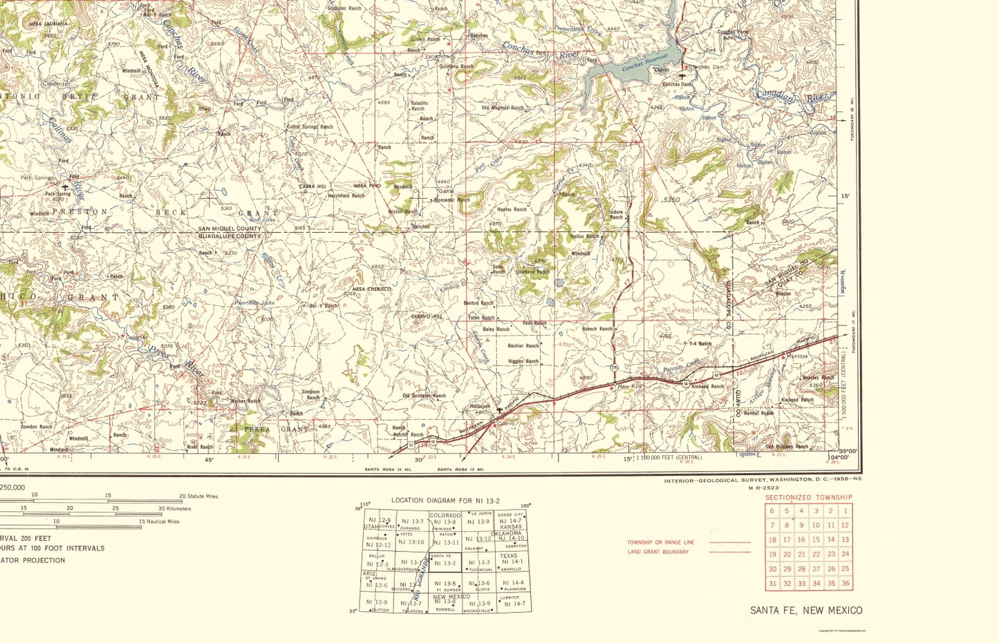 Topographical Map - Santa Fe New Mexico Quad - USGS 1958 - 23 x 35.70 - Vintage Wall Art