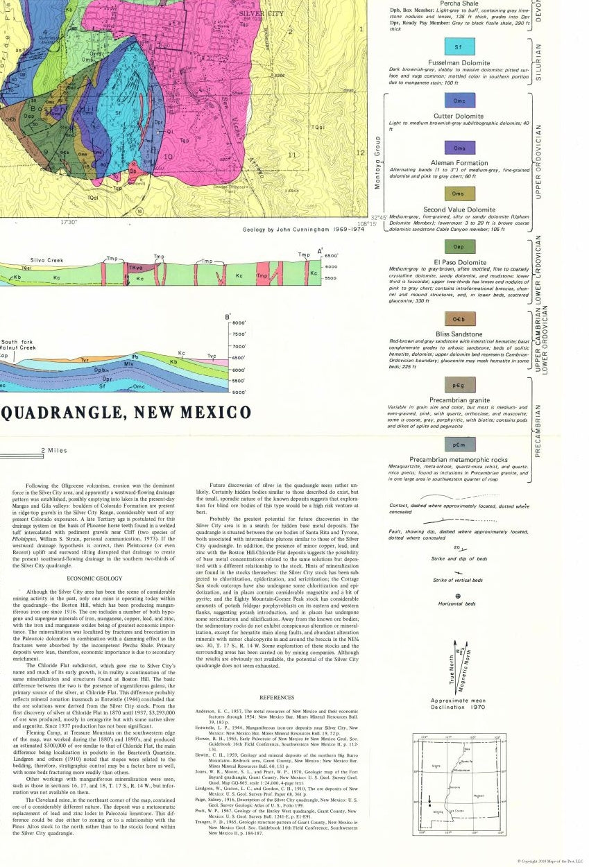 Historic Mine Map - Silver City Quad New Mexico Mines - Cunningham 1974 - 23 x 33.85 - Vintage Wall Art