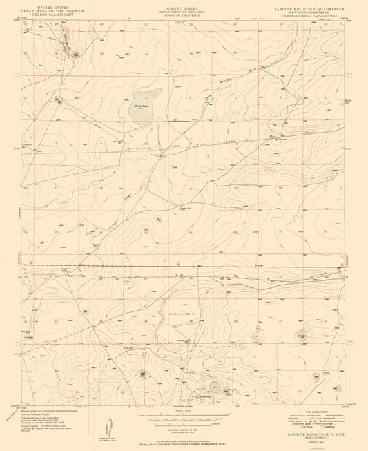 Topographical Map - Sardine Mountain New Mexico Quad - USGS 1949 - 23 x 28.17 - Vintage Wall Art