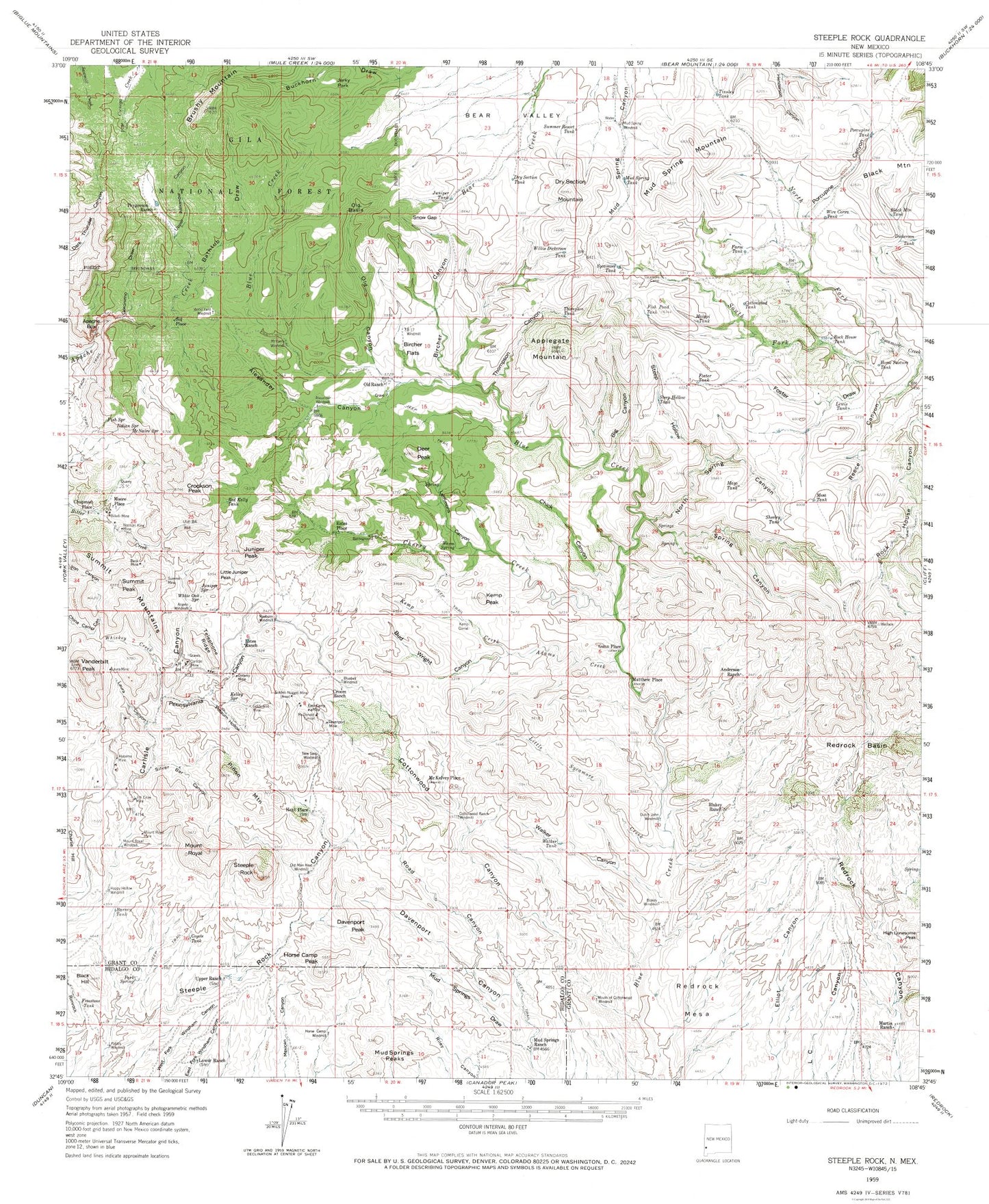 Topographical Map - Steeple Rock New Mexico Quad - USGS 1959 - 23 x 28.01 - Vintage Wall Art