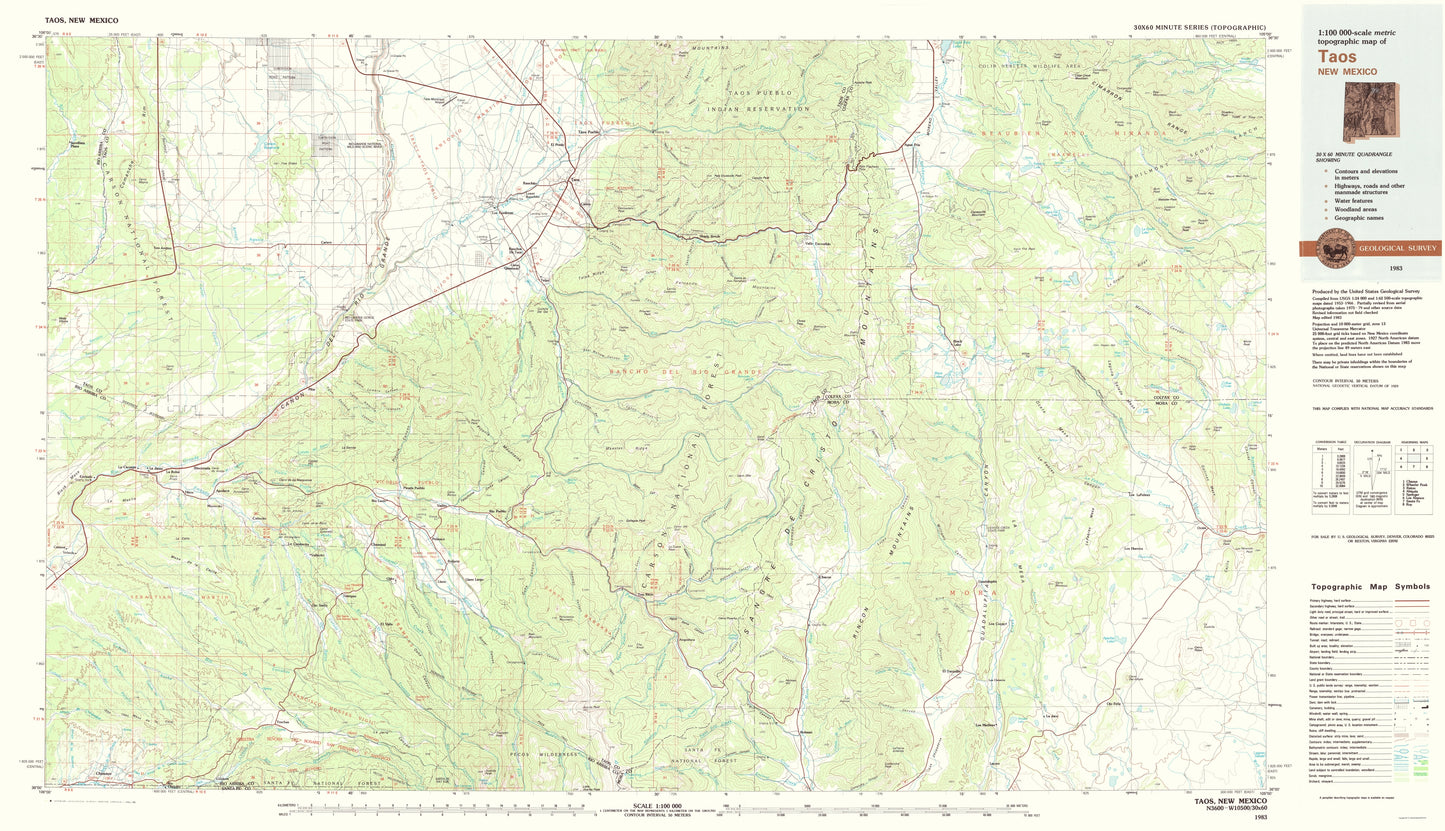 Topographical Map - Taos New Mexico Quad - USGS 1983 - 23 x 39.99 - Vintage Wall Art