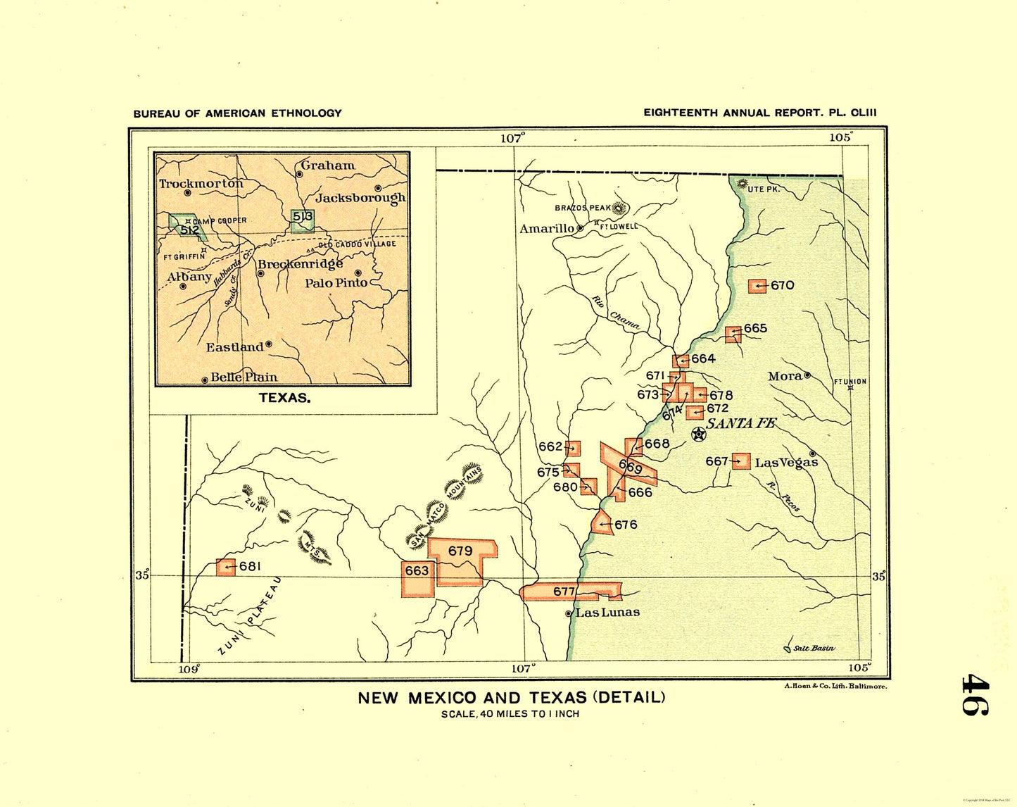 Historic State Map - New Mexico Texas Detail - Hoen 1896 - 29.00 x 23 - Vintage Wall Art