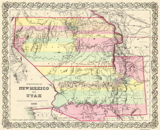 Historic State Map - New Mexico Utah Territories - Colton 1856 - 28.25 x 23 - Vintage Wall Art