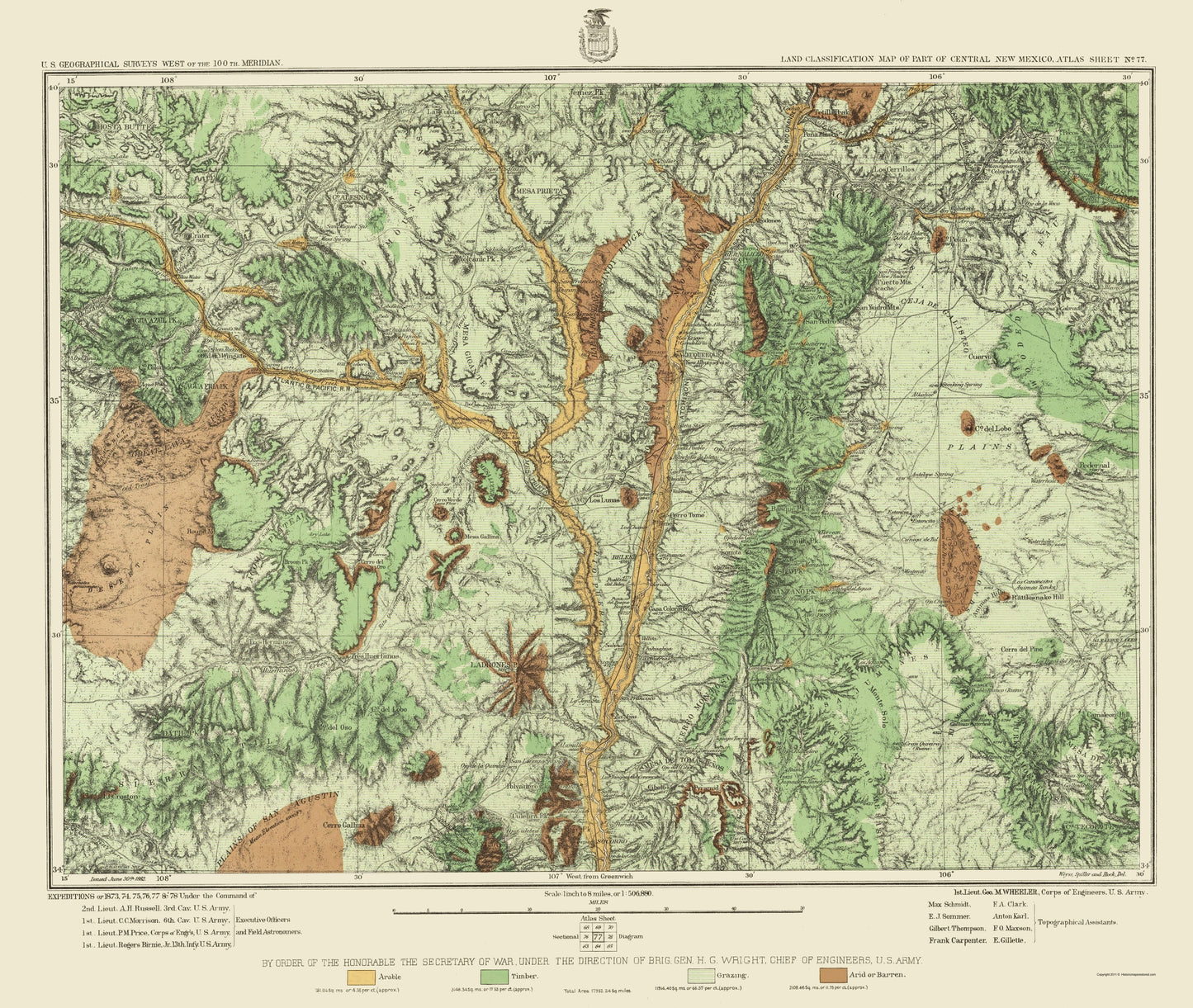 Topographical Map - Central New Mexico Land Classification Sheet - US Army 1882 - 23 x 27 - Vintage Wall Art