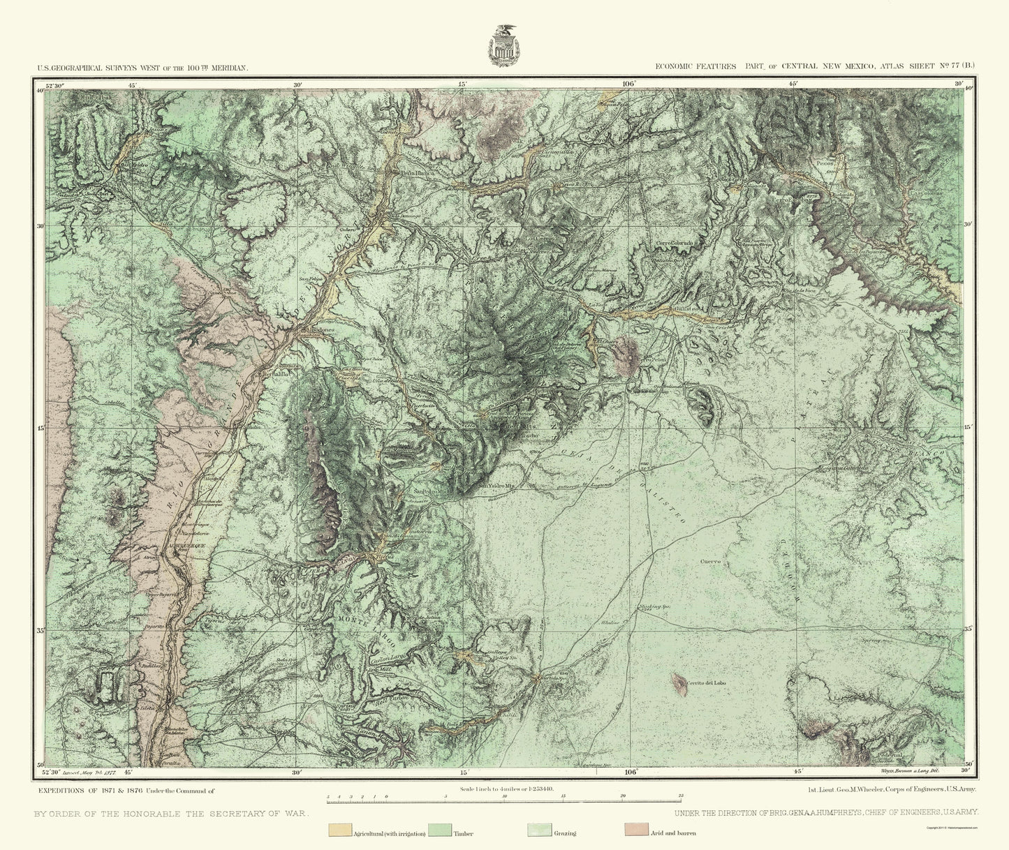 Topographical Map - Central New Mexico Economic Sheet - US Army 1877 - 23 x 27.29 - Vintage Wall Art