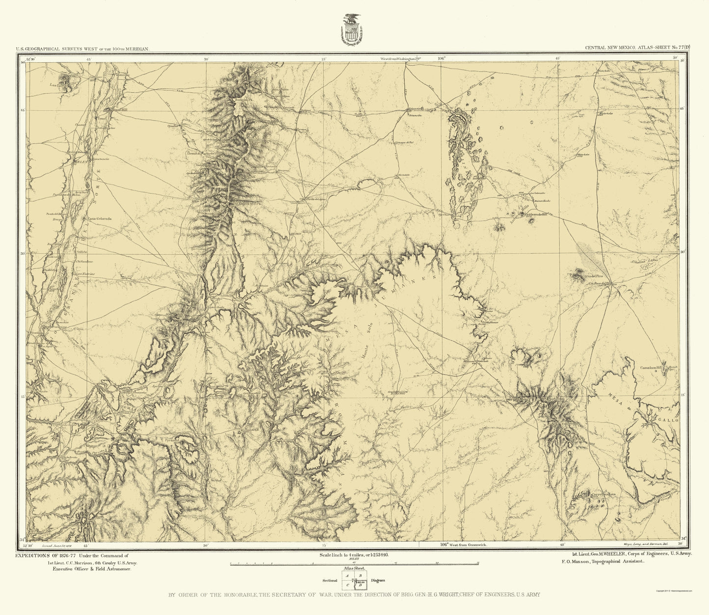 Topographical Map - New Mexico Central New Mexico Sheet - US Army 1877 - 23 x 26.53 - Vintage Wall Art