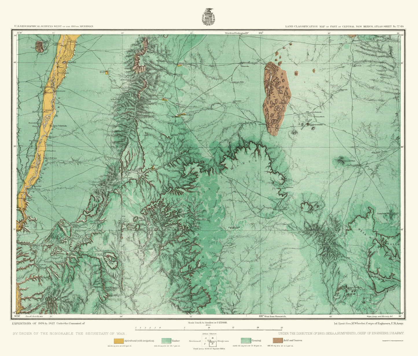 Topographical Map - Central New Mexico Land Classification Sheet - US Army 1877 - 23 x 26.95 - Vintage Wall Art