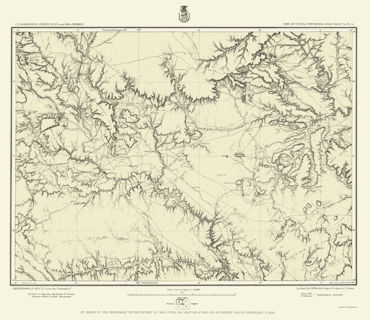 Topographical Map - New Mexico Central New Mexico Sheet - US Army 1877 - 23 x 26.58 - Vintage Wall Art