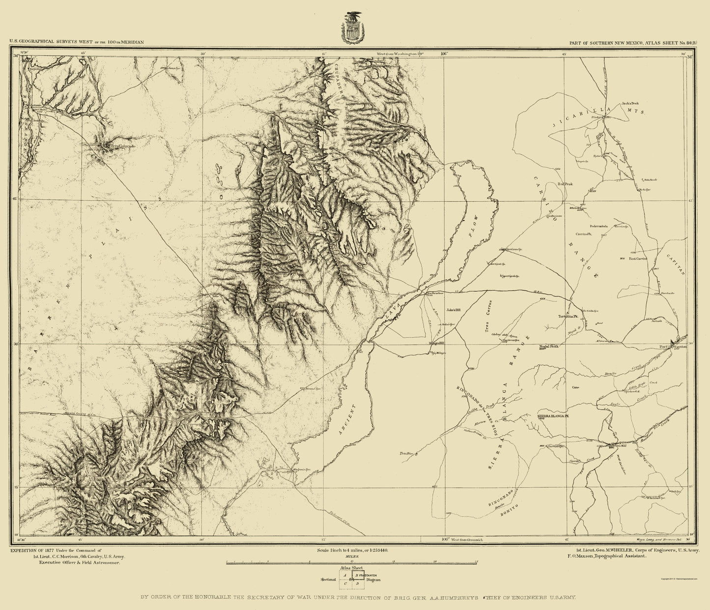 Topographical Map - New Mexico Sheet 1 - US Army 1877 - 23 x 26.75 - Vintage Wall Art