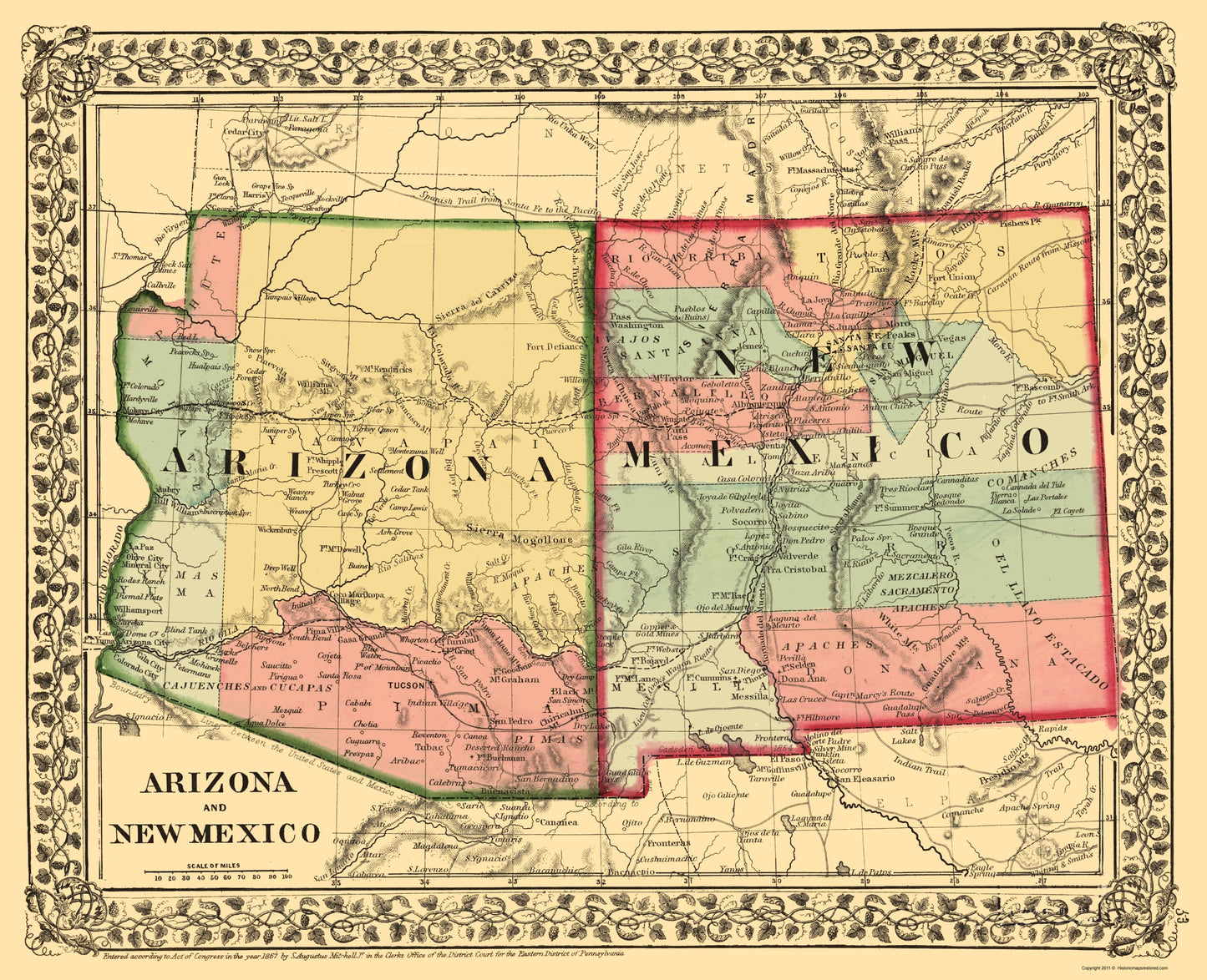 Historic State Map - New Mexico Arizona - Mitchell 1867 - 23 x 28.30 - Vintage Wall Art