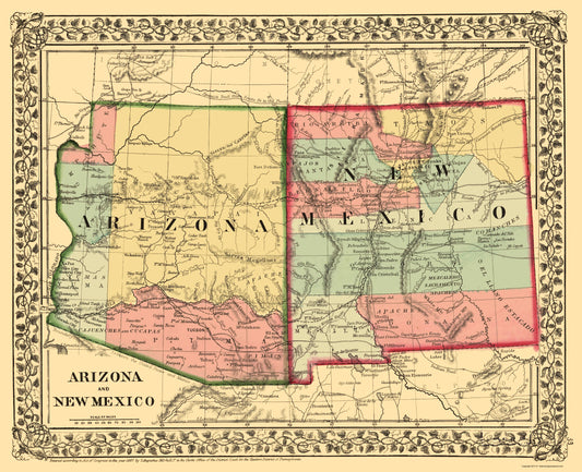 Historic State Map - New Mexico Arizona - Mitchell 1867 - 23 x 28.30 - Vintage Wall Art