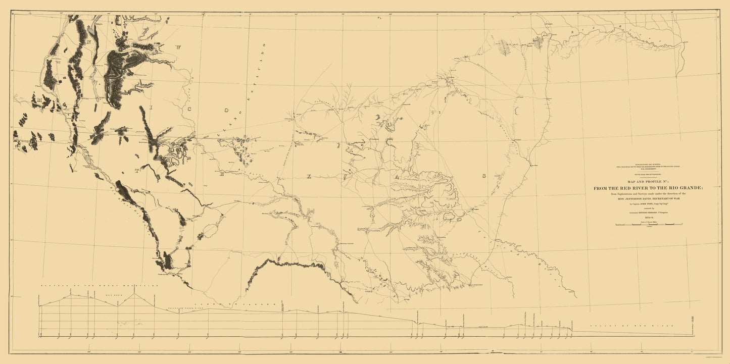 Railroad Map - Red River Rio Grande Railroad Route - Davis 1846 - 23 x 46 - Vintage Wall Art