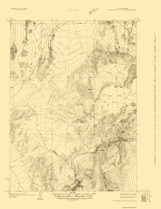 Topographical Map - Boulder Canyon Nevada Arizona Quad - USGS 1926 - 23 x 29.76 - Vintage Wall Art