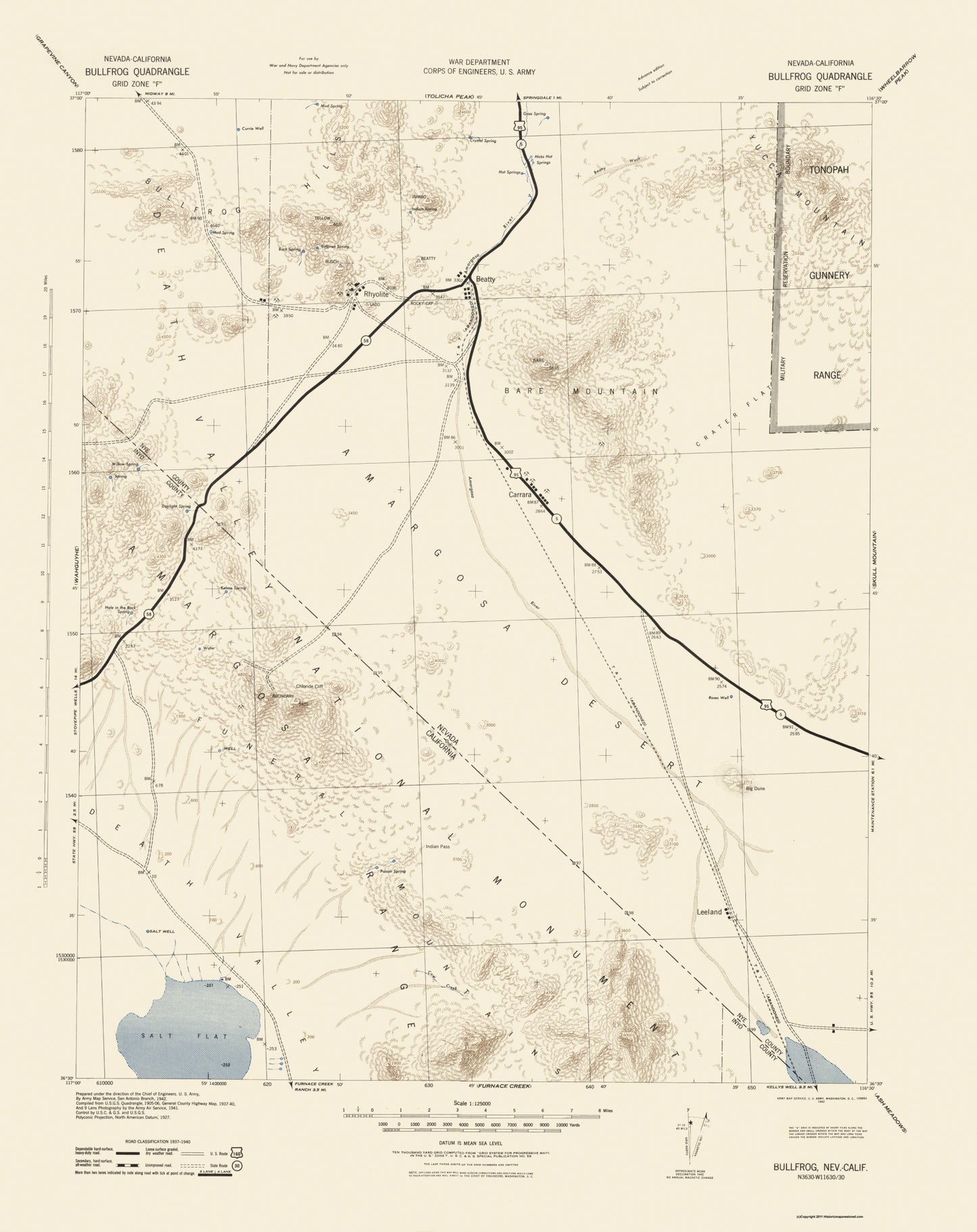 Topographical Map - Bullfrog Nevada California Quad - USGS 1942 - 23 x 29 - Vintage Wall Art