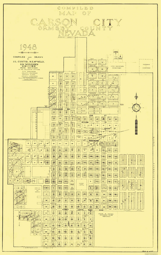 Historic City Map - Carson City Nevada Plat - Curtis 1948 - 23 x 36.44 - Vintage Wall Art