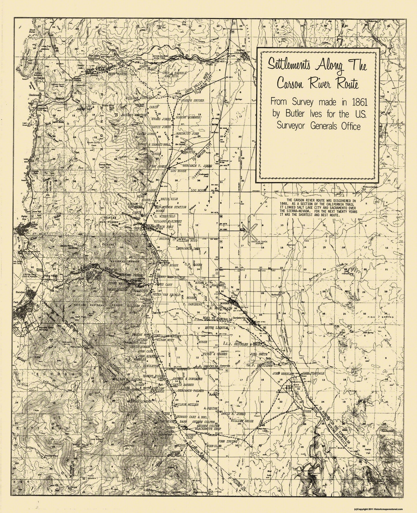 Historic City Map - Carson Nevada River Settlement - Ives 1861 - 23 x 28.25 - Vintage Wall Art