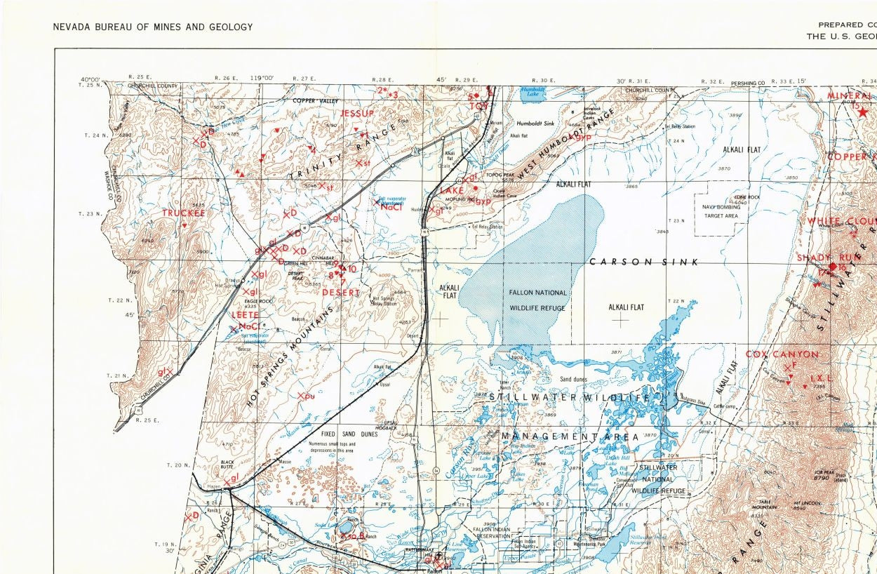 Historic Mine Map - Nevada Churchill County Mineral Resources - Willden 1955 - 35.13 x 23 - Vintage Wall Art