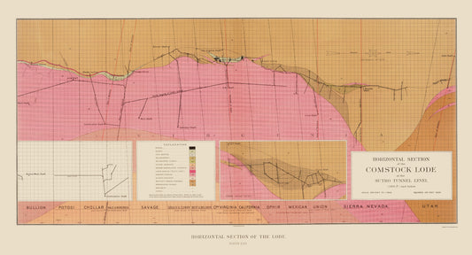 Historic Mine Map - Nevada Comstock Lode Sutro Tunnel Geology - Becker 1882 - 23 x 42 - Vintage Wall Art