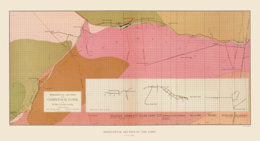 Historic Mine Map - Nevada Comstock Lode Sutro Tunnel South Geology - Becker 1882 - 23 x 42 - Vintage Wall Art