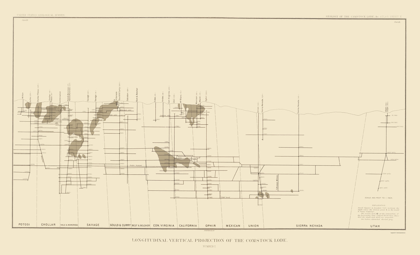 Historic Mine Map - Nevada Comstock Lode Vertical Projection 1 - Becker 1882 - 23 x 37 - Vintage Wall Art