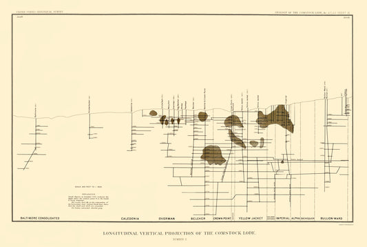 Historic Mine Map - Nevada Comstock Lode Vertical Projection 2 - Becker 1882 - 23 x 34 - Vintage Wall Art