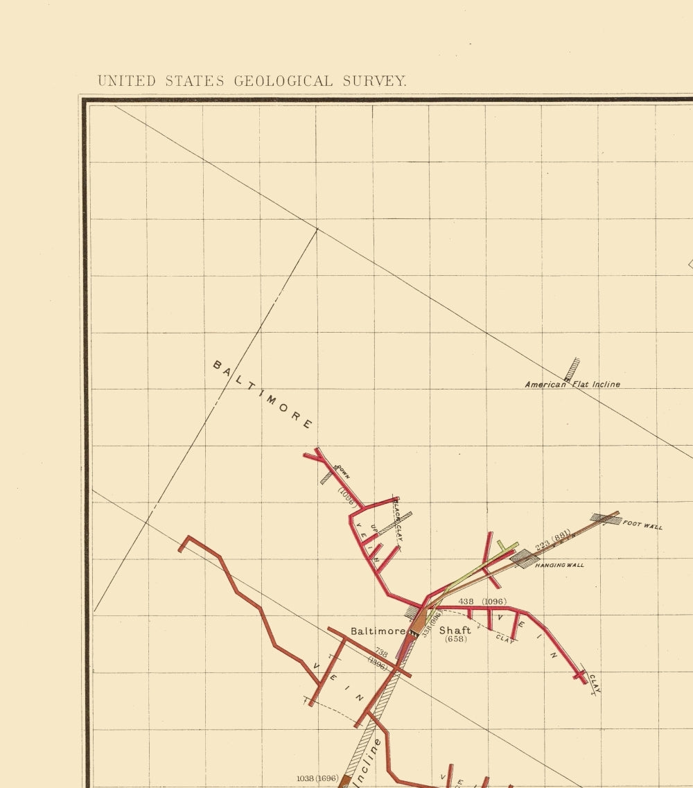 Historic Mine Map - Nevada Comstock Mine Number Nine - Becker 1882 - 23 x 26 - Vintage Wall Art