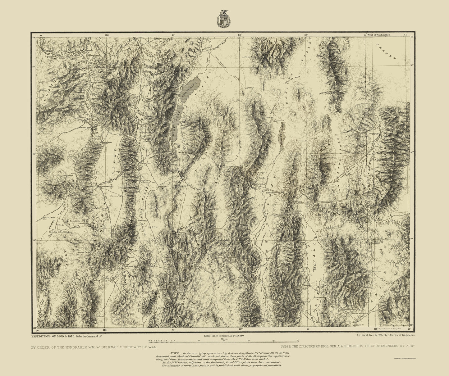 Topographical Map - Eastern Nevada Western Utah Sheet - US Army 1872 - 23 x 27.43 - Vintage Wall Art