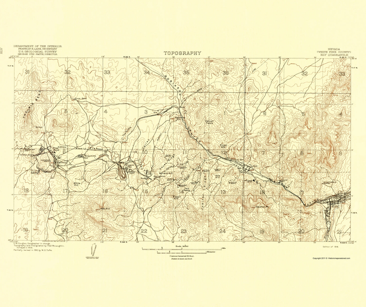 Topographical Map - Ely Nevada Quad - USGS 1916 - 23 x 27.41 - Vintage Wall Art