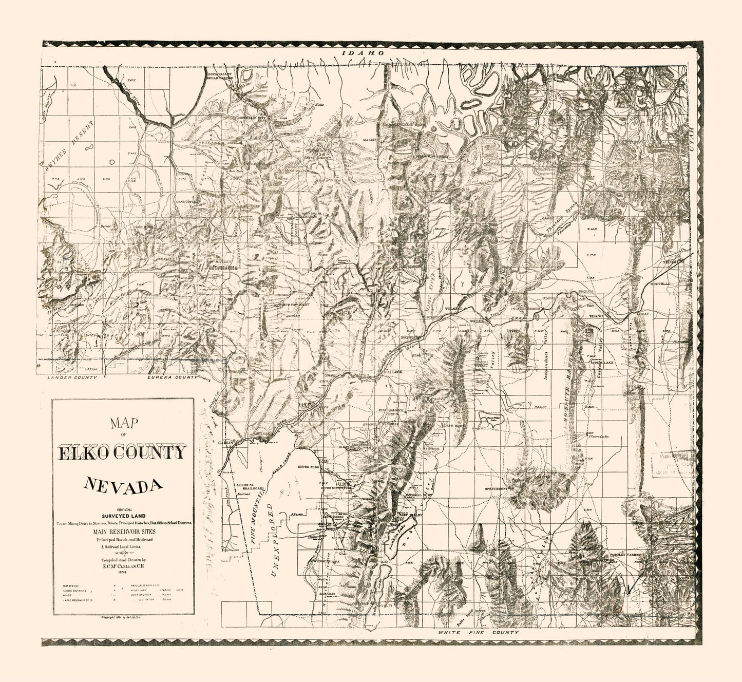 Historic County Map - Elko County Nevada - McClellan 1894 -  25.03 x 23 - Vintage Wall Art