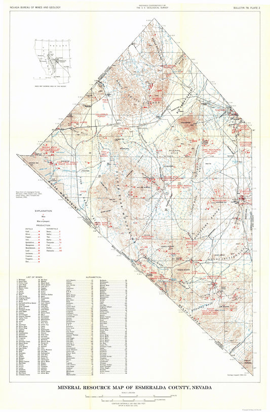 Historic Mine Map - Nevada Esmeralda County Mineral Mines - USGS 1960 - 23 x 34.98 - Vintage Wall Art