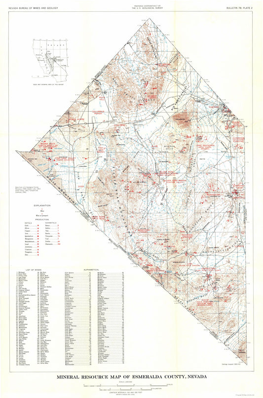 Historic Mine Map - Nevada Esmeralda County Minerals Mines - USGS 1945 - 23 x 34.77 - Vintage Wall Art