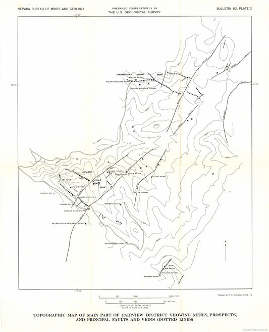 Historic Mine Map - Nevada Fairview District Mines Prospect Veins - USGS 1911 - 23 x 28.30 - Vintage Wall Art