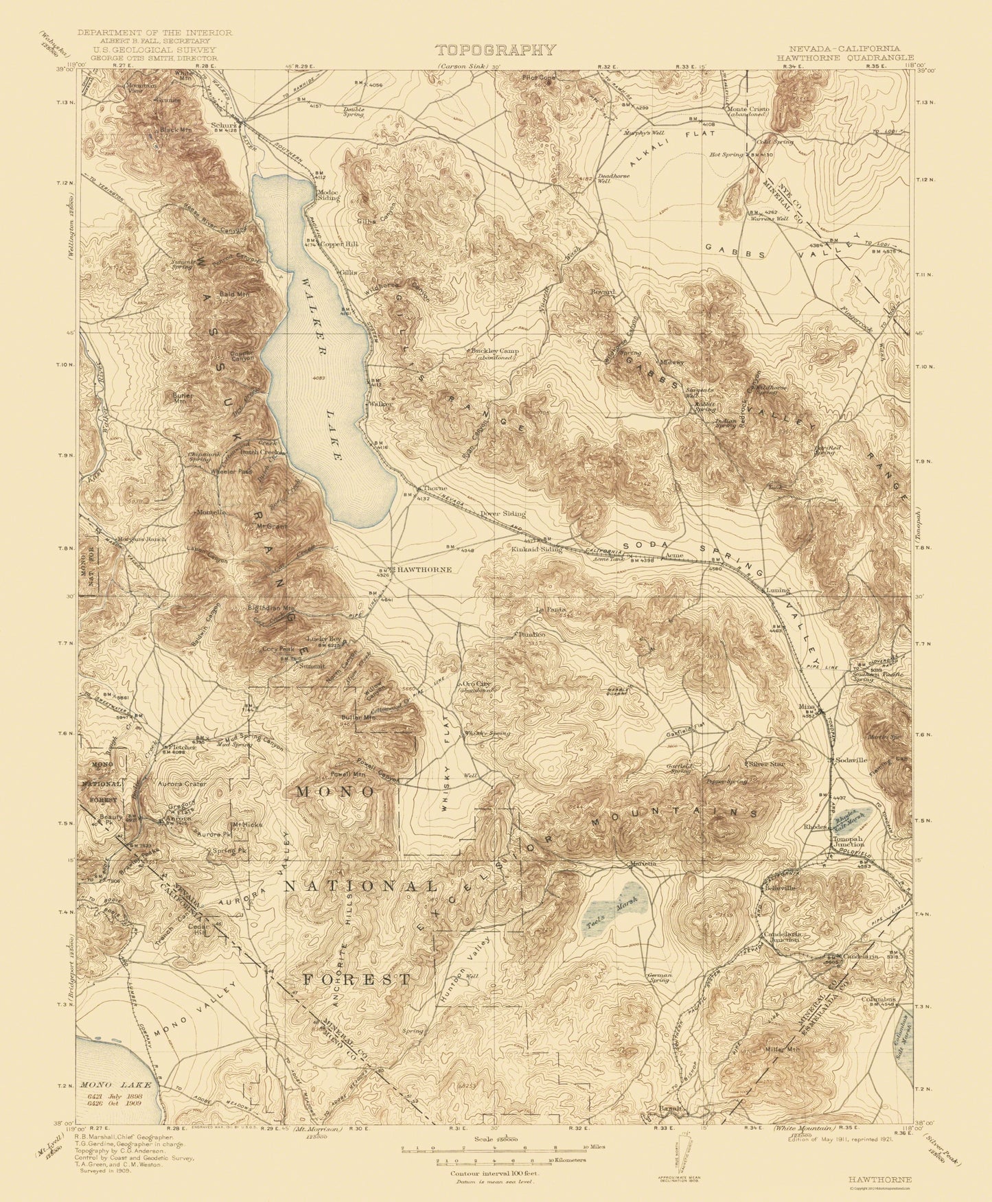 Topographical Map - Hawthorne California Nevada Quad - USGS 1911 - 23 x 27.88 - Vintage Wall Art