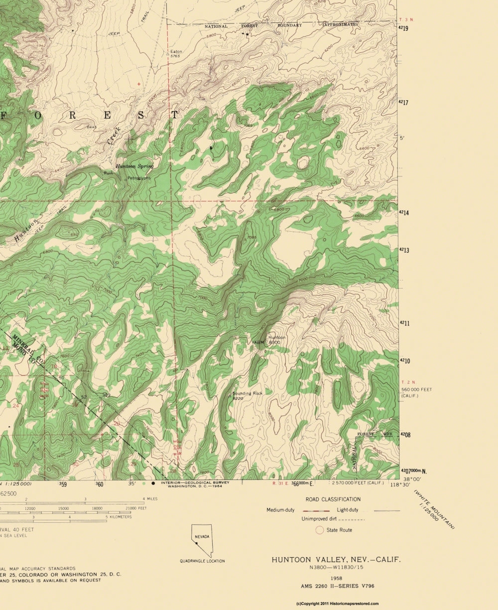 Topographical Map - Huntoon Valley Nevada California Quad - USGS 1958 - 23 x 28.13 - Vintage Wall Art