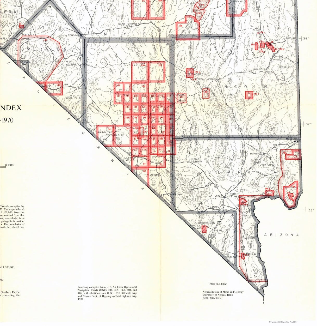 Historic Mine Map - Nevada Mines Geologic Index - Lutsey 1955 - 23 x 23.62 - Vintage Wall Art