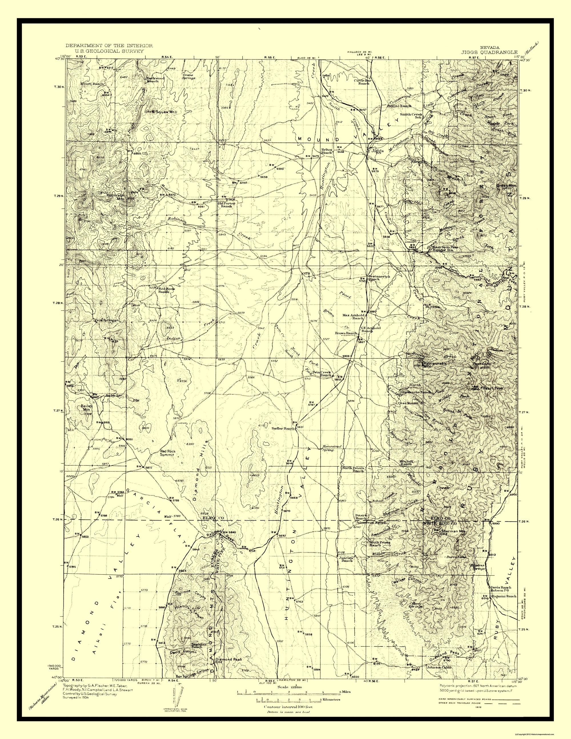 Topographical Map - Jiggs Nevada Quad - USGS 1935 - 23 x 29.76 - Vinta ...