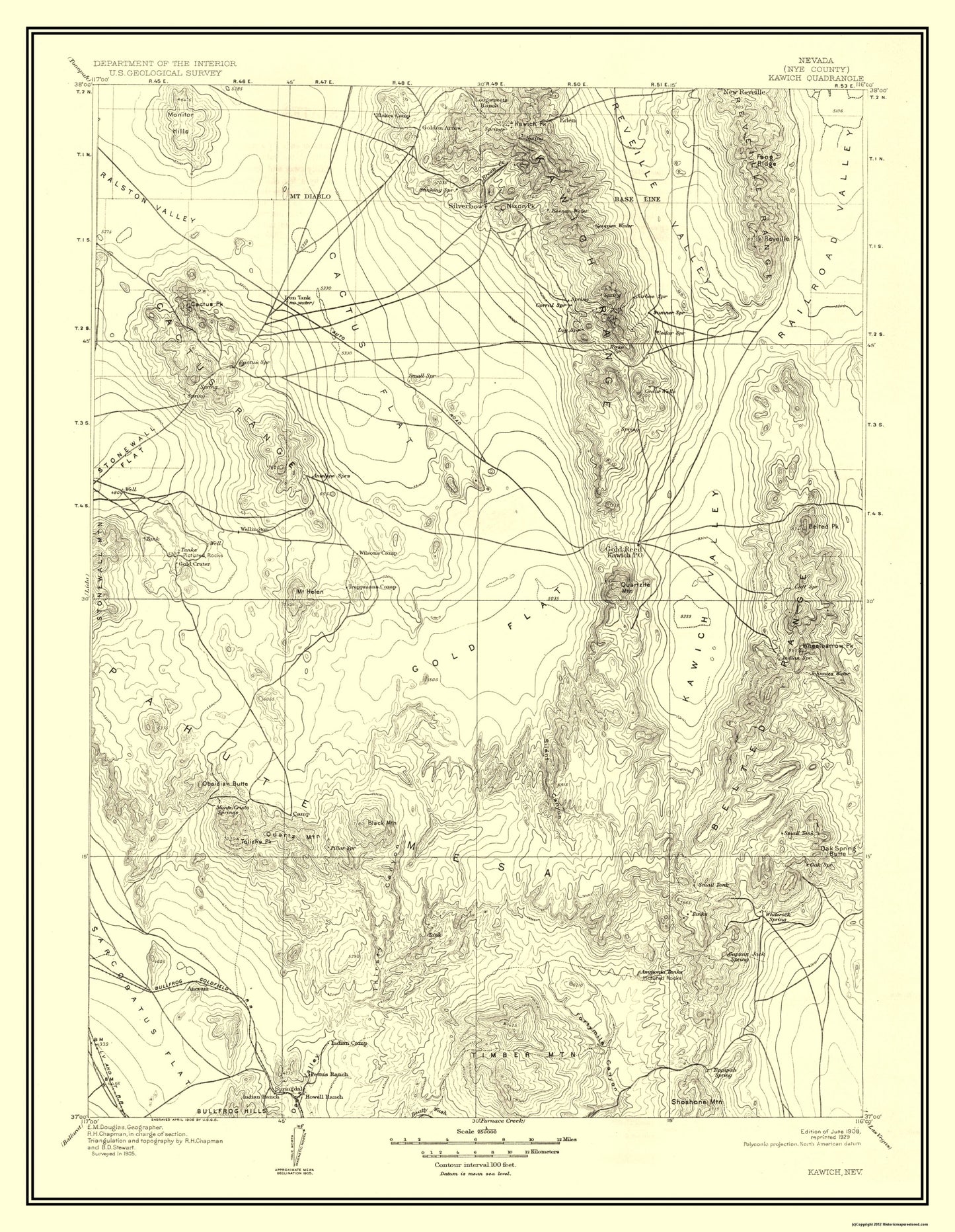 Topographical Map - Kawich Nevada Quad - USGS 1908 - 23 x 29.65 - Vintage Wall Art