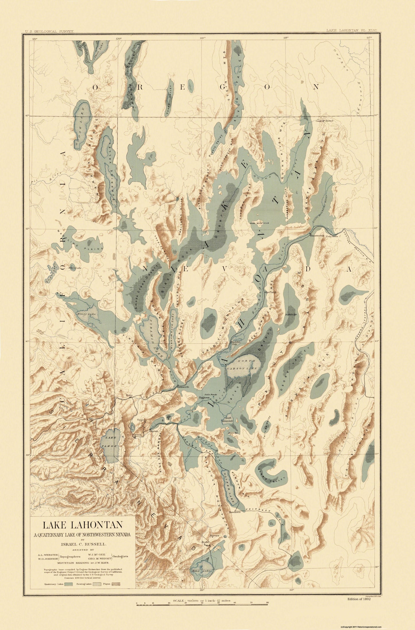 Topographical Map - Lake Lahontan Nevada California - Bien 1892 - 23 x 34.94 - Vintage Wall Art