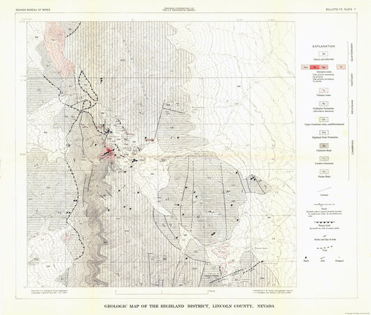 Topographical Map - Nevada Highland District Lincoln County Mines Quad - USGS 1953 - 27.04 x 23 - Vintage Wall Art