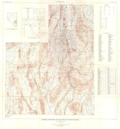 Historic Mine Map - Nevada Lincoln County Minerals Mines - Tschanz 1960 - 23 x 24.75 - Vintage Wall Art