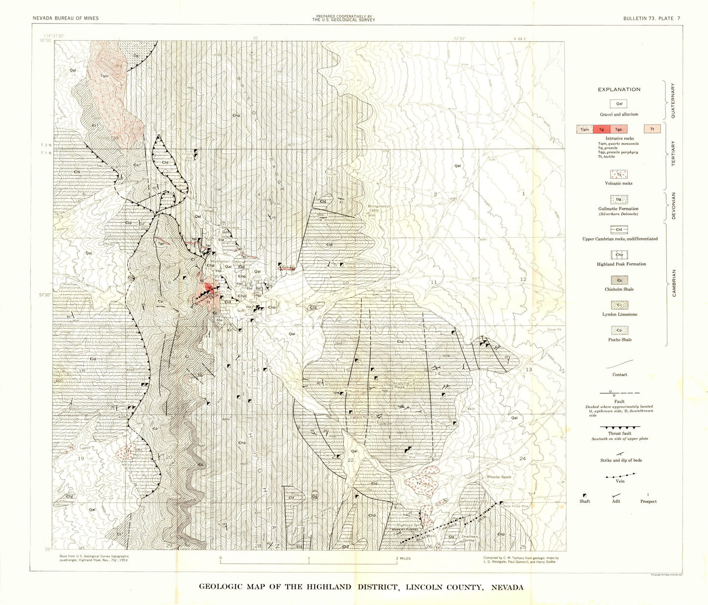 Historic Mine Map - Nevada Highland District Lincoln County Mines - Tschanz 1953 - 26.92 x 23 - Vintage Wall Art