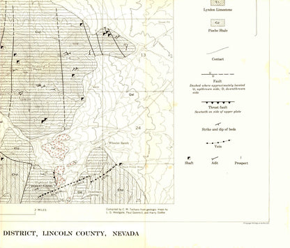Historic Mine Map - Nevada Highland District Lincoln County Mines - Tschanz 1953 - 26.92 x 23 - Vintage Wall Art
